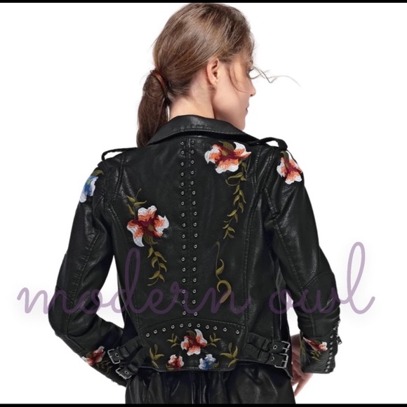 New! Black Embroidered Flowers With Stud Faux Leather Motorcycle Style Jacket - Picture 11 of 15